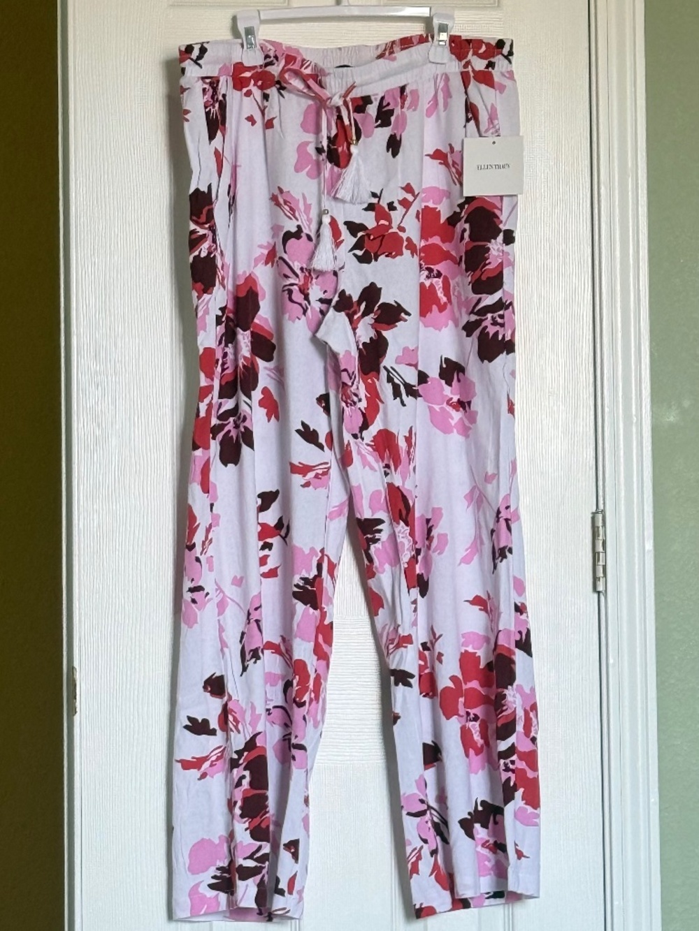 Ellen Tracy Women's Linen Blend Wide Leg Floral Pants White Size Large NWT